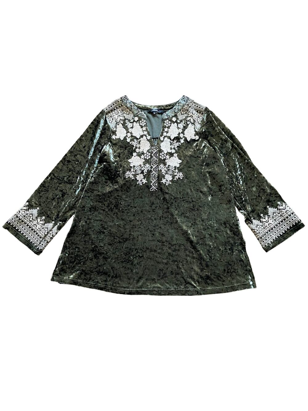 Andree by Unit Crushed Velvet 3/4 Sleeve Tunic Womens S Green Embroidered Floral